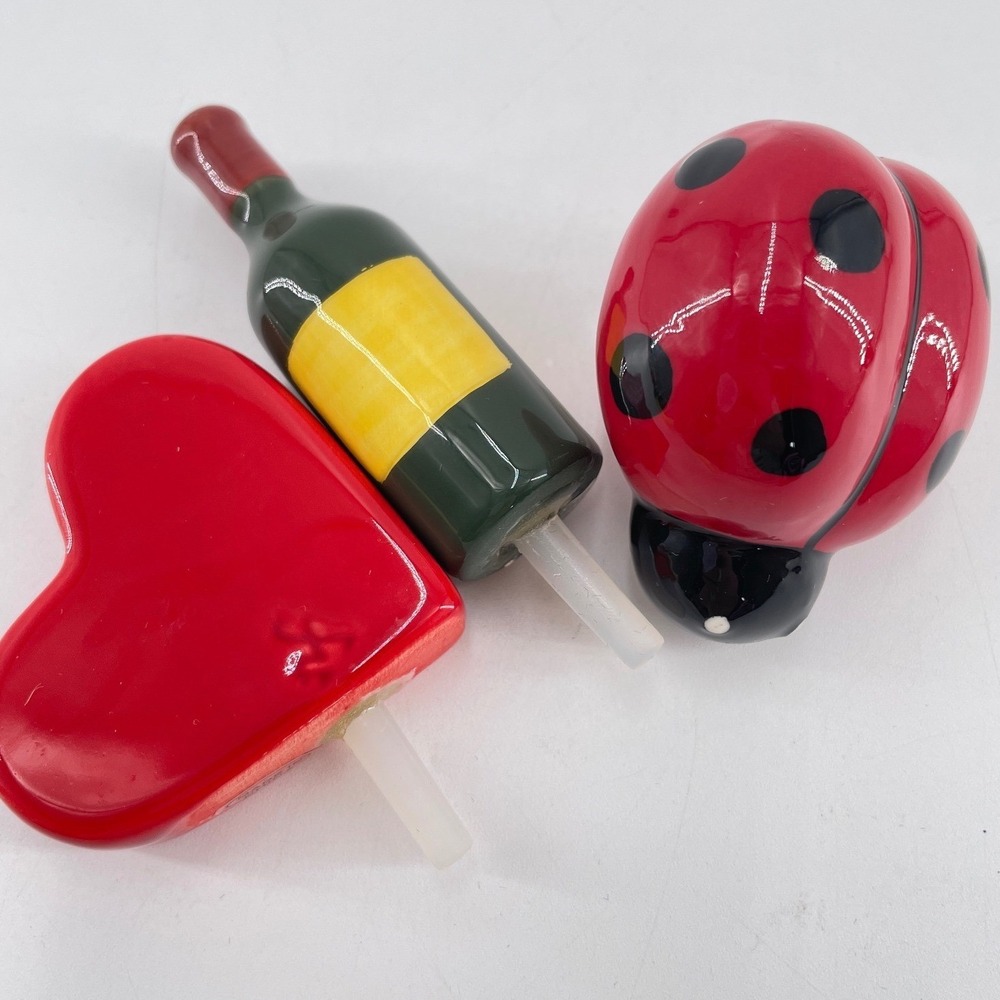 Nora Fleming Charms Red Heart Ladybug Wine Bottle Ceramic Minis Set 3